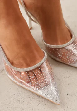 Białe Szpilki Slingback z Transparentną Cholewką i Cyrkoniami Liaceran
