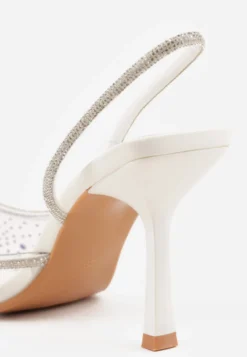 Białe Szpilki Slingback z Transparentną Cholewką i Cyrkoniami Liaceran