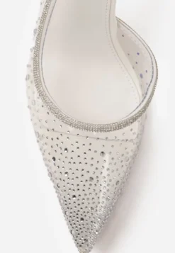 Białe Szpilki Slingback z Transparentną Cholewką i Cyrkoniami Liaceran