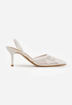 Białe Szpilki VICES Slingback z Noskami w Szpic Ozdobionymi Haftem i Koralikami Laraidina