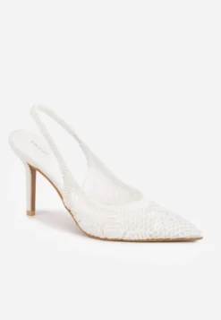 Białe Szpilki VICES Slingback z Ażurową Cholewką Ernestine