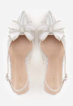 Białe Szpilki VICES Slingback z Kokardą Cyrkoniami i Transparetną Wstawką Kalilise