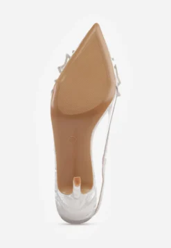 Białe Szpilki VICES Slingback z Kokardą Cyrkoniami i Transparetną Wstawką Kalilise