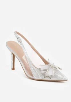 Białe Szpilki VICES Slingback z Kokardą Cyrkoniami i Transparetną Wstawką Kalilise
