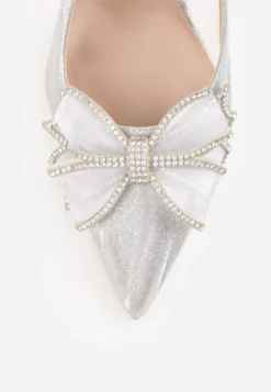 Białe Szpilki VICES Slingback z Kokardą Cyrkoniami i Transparetną Wstawką Kalilise