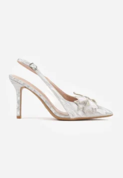 Białe Szpilki VICES Slingback z Kokardą Cyrkoniami i Transparetną Wstawką Kalilise