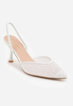 Białe Szpilki z Paskiem w Typie Slingback z Cholewką z Siateczki i Koralikami Carilriane