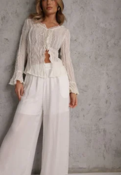Białe Wiskozowe Spodnie Szerokie High Waist Rissalene