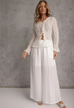 Białe Wiskozowe Spodnie Szerokie High Waist Rissalene