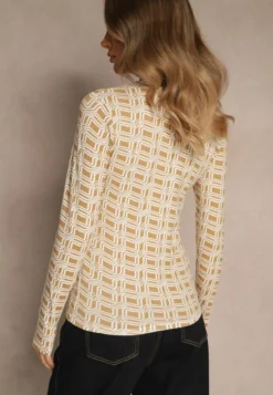 Biało-Beżowa Bluzka Longsleeve z Golfem z Bawełny w Geometryczny Print Zadanevia