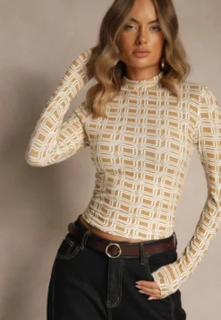 Biało-Beżowa Bluzka Longsleeve z Golfem z Bawełny w Geometryczny Print Zadanevia
