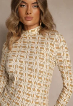 Biało-Beżowa Bluzka Longsleeve z Golfem z Bawełny w Geometryczny Print Zadanevia