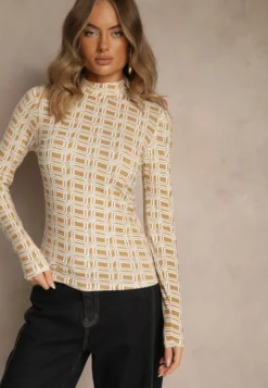 Biało-Beżowa Bluzka Longsleeve z Golfem z Bawełny w Geometryczny Print Zadanevia