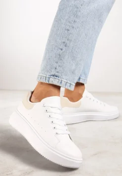 Biało-Beżowe Casualowe Sneakersy na Platformie ze Sznurowaniem Tialorae