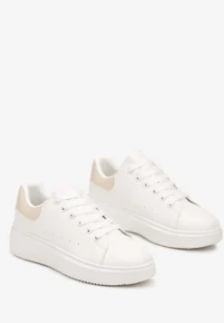 Biało-Beżowe Casualowe Sneakersy na Platformie ze Sznurowaniem Tialorae