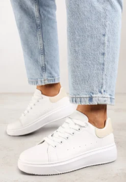Biało-Beżowe Casualowe Sneakersy na Platformie ze Sznurowaniem Tialorae