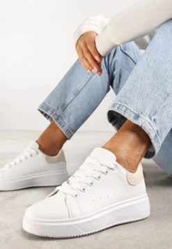 Biało-Beżowe Casualowe Sneakersy na Platformie ze Sznurowaniem Tialorae