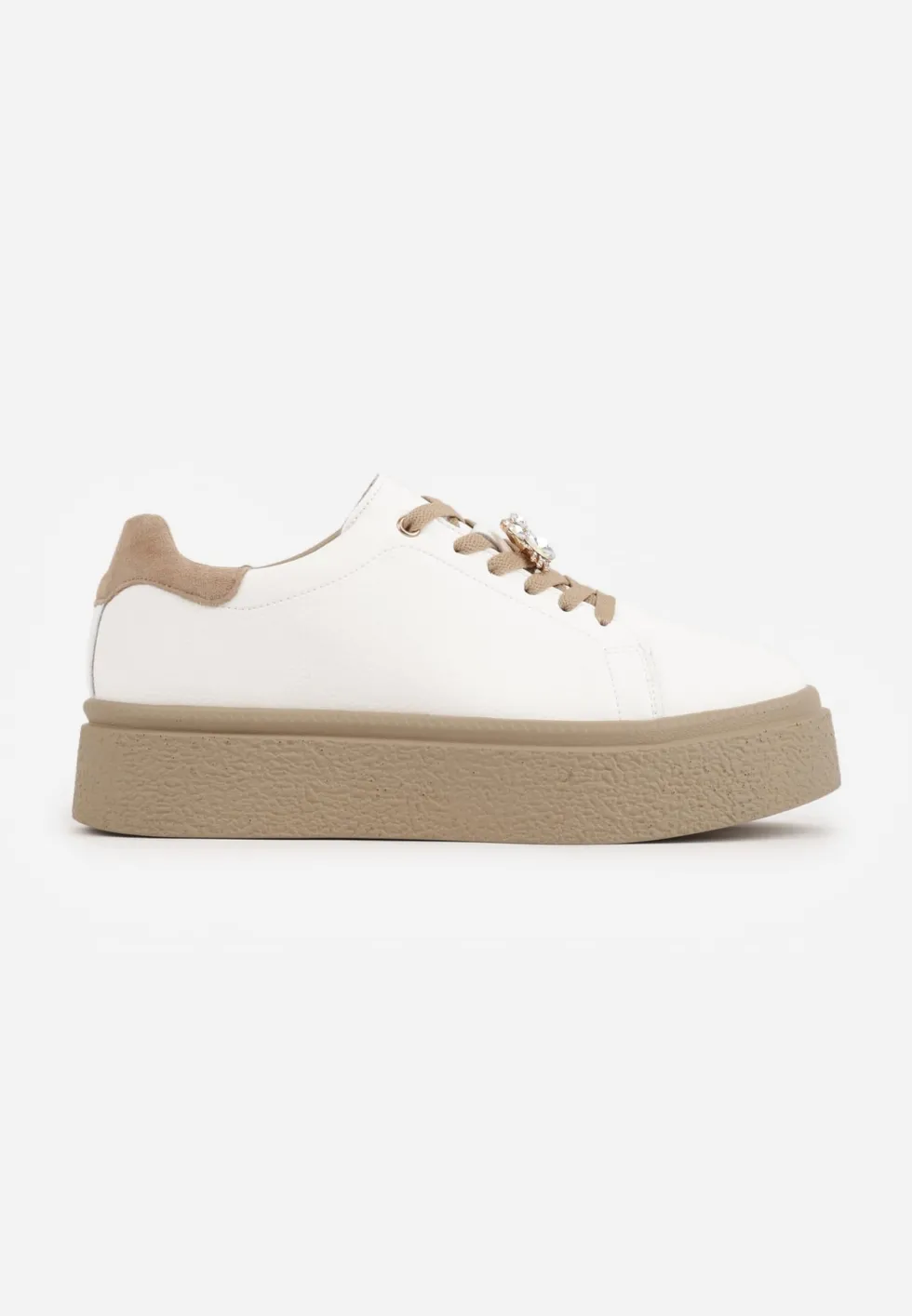Biało-Beżowe Minimalistyczne Sneakersy Skórzane na Platformie z Aplikacją z Cyrkoniami Gorisa