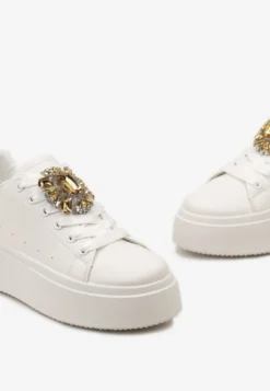 Biało-Beżowe Sneakersy na Grubej Podeszwie z Ozdobną Aplikacją Kamienia Danthia