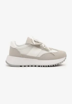 Biało-Beżowe Sneakersy na Platformie z Geometrycznym Wzorem Aluina