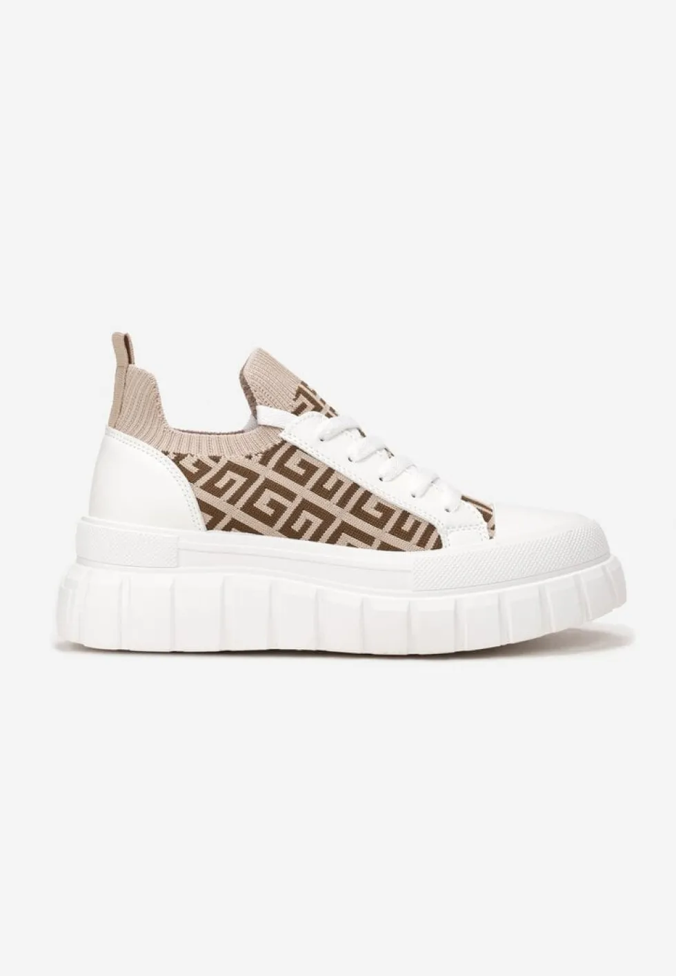 Biało-Beżowe Sneakersy na Tłoczonej Platformie z Geometrycznym Wzorem Votah