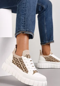 Biało-Beżowe Sneakersy na Tłoczonej Platformie z Geometrycznym Wzorem Votah