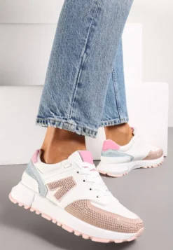 Biało-Beżowe Sneakersy Ozdobione Cyrkoniami na Podeszwie z Wycięciami Larzive