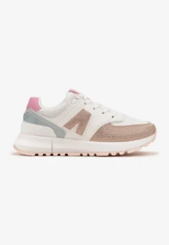 Biało-Beżowe Sneakersy Ozdobione Cyrkoniami na Podeszwie z Wycięciami Larzive