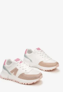 Biało-Beżowe Sneakersy Ozdobione Cyrkoniami na Podeszwie z Wycięciami Larzive