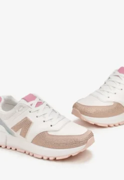 Biało-Beżowe Sneakersy Ozdobione Cyrkoniami na Podeszwie z Wycięciami Larzive