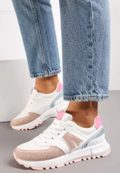 Biało-Beżowe Sneakersy Ozdobione Cyrkoniami na Podeszwie z Wycięciami Larzive