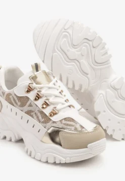 Biało-Beżowe Sneakersy w Steetwearowym Stylu na Tłoczonej Platformie Gonavielle