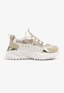 Biało-Beżowe Sneakersy w Steetwearowym Stylu na Tłoczonej Platformie Gonavielle