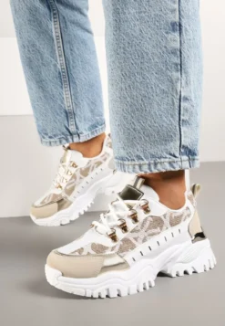 Biało-Beżowe Sneakersy w Steetwearowym Stylu na Tłoczonej Platformie Gonavielle