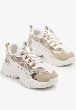 Biało-Beżowe Sneakersy w Steetwearowym Stylu na Tłoczonej Platformie Gonavielle