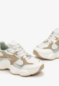 Biało-Beżowe Sneakersy ze Wstawkami Metalicznymi i Siateczką na Grubej Podeszwie Riliera