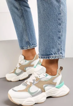 Biało-Beżowe Sneakersy ze Wstawkami Metalicznymi i Siateczką na Grubej Podeszwie Riliera