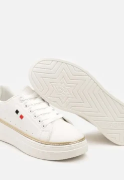 Biało-Beżowe Sznurowane Sneakersy na Płaskiej Podeszwie z Lamówką Fedat
