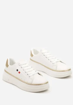 Biało-Beżowe Sznurowane Sneakersy na Płaskiej Podeszwie z Lamówką Fedat
