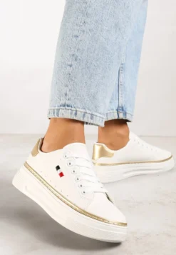 Biało-Beżowe Sznurowane Sneakersy na Płaskiej Podeszwie z Lamówką Fedat