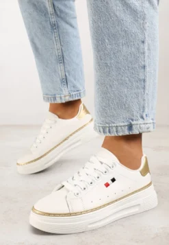 Biało-Beżowe Sznurowane Sneakersy na Płaskiej Podeszwie z Lamówką Fedat