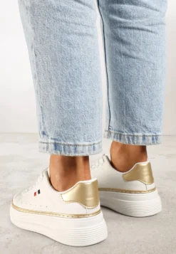 Biało-Beżowe Sznurowane Sneakersy na Płaskiej Podeszwie z Lamówką Fedat