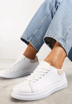 Biało-Beżowe Wiązane Sneakersy na Płaskiej Podeszwie z Modną Wstawką Zanelih