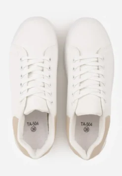 Biało-Beżowe Wiązane Sneakersy na Płaskiej Podeszwie z Modną Wstawką Zanelih