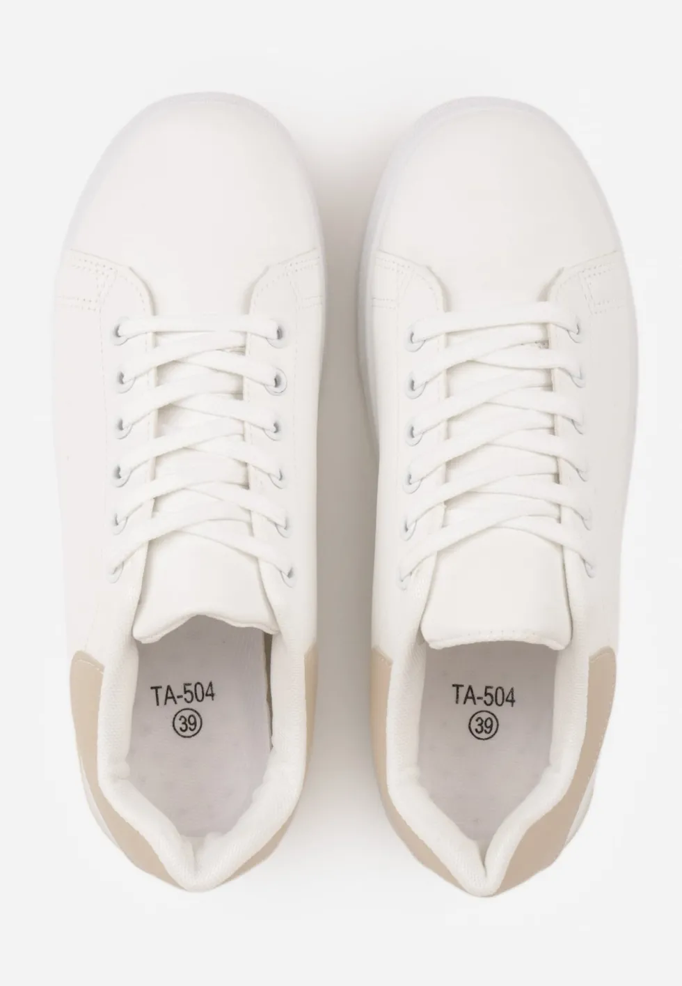 Biało-Beżowe Wiązane Sneakersy na Płaskiej Podeszwie z Modną Wstawką Zanelih