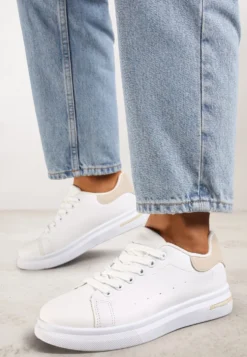 Biało-Beżowe Wiązane Sneakersy na Płaskiej Podeszwie z Modną Wstawką Zanelih