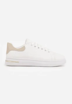 Biało-Beżowe Wiązane Sneakersy na Płaskiej Podeszwie z Modną Wstawką Zanelih