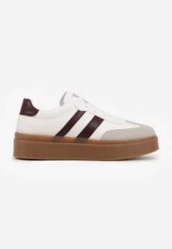 Biało-Bordowe Sneakersy na Kauczukowej Podeszwie Ozdobione Paskami Nilimea