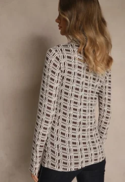 Biało-Brązowa Bluzka Longsleeve z Golfem z Bawełny w Geometryczny Print Zadanevia