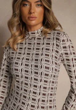 Biało-Brązowa Bluzka Longsleeve z Golfem z Bawełny w Geometryczny Print Zadanevia